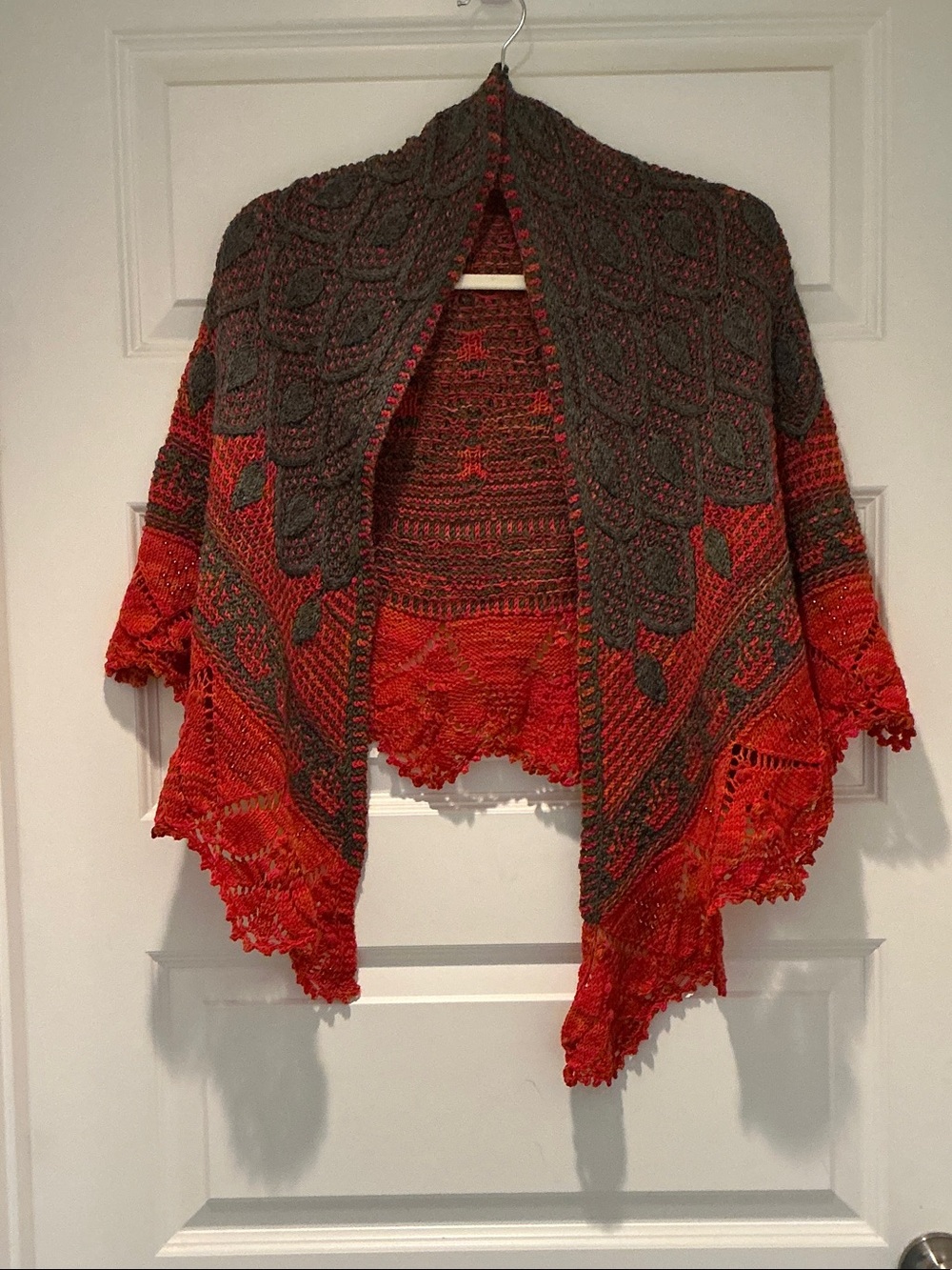 Orange-Red & Gray Geometric Lace Scarf Wrap with Copper-Colored Bead Embellishme